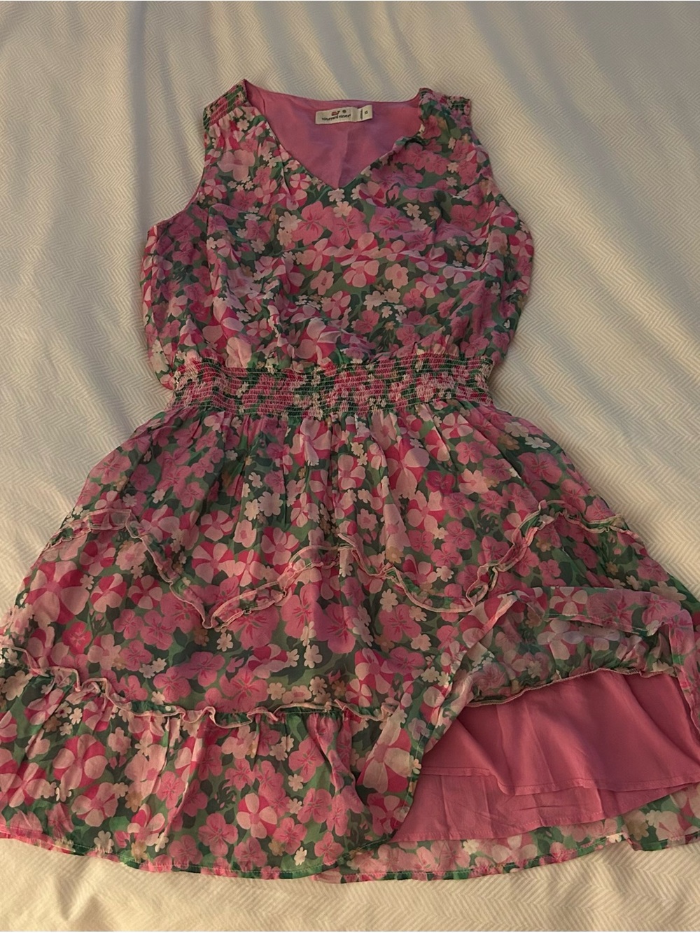 Vineyard Vines Pink & Green Floral Smocked Waist Midi Dress